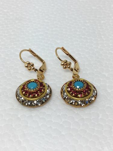 15mm Vintage Brass 1980s Crystal,  Indian Pink and Turquoise Blue Three Layer Earrings on Gold Filled Flower lever-back wires. 