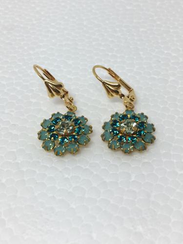 15mm Brass, Pacific Opal, Blue Zircon & Chrysolite Layer 1980s Vintage Earrings on Gold Filled Fleur-De- Lis lever-back wires. 

Stones made in Austria. 