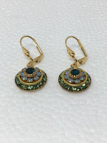 15mm x 6mm Vintage Swarovski three-layered Peridot, Blue Opal and Blue Zircon Brass Earrings on Gold Filled Fleur-De-Lis lever-back wires. 

Stones made in Austria.
Settings made in USA. 