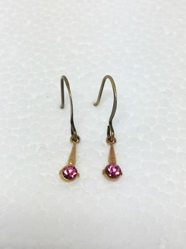4mm Vintage Tiny Brass and Swarovski Rhinestone Pink Earrings on antique brass French-hook wires. 